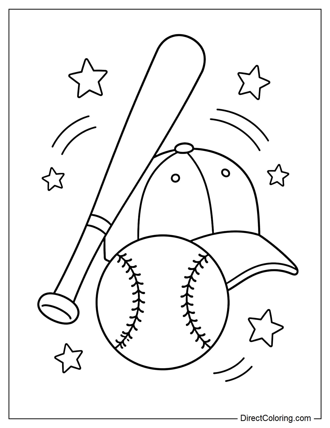 A baseball bat is tilted against a baseball cap. In front is a large baseball, surrounded by stars.