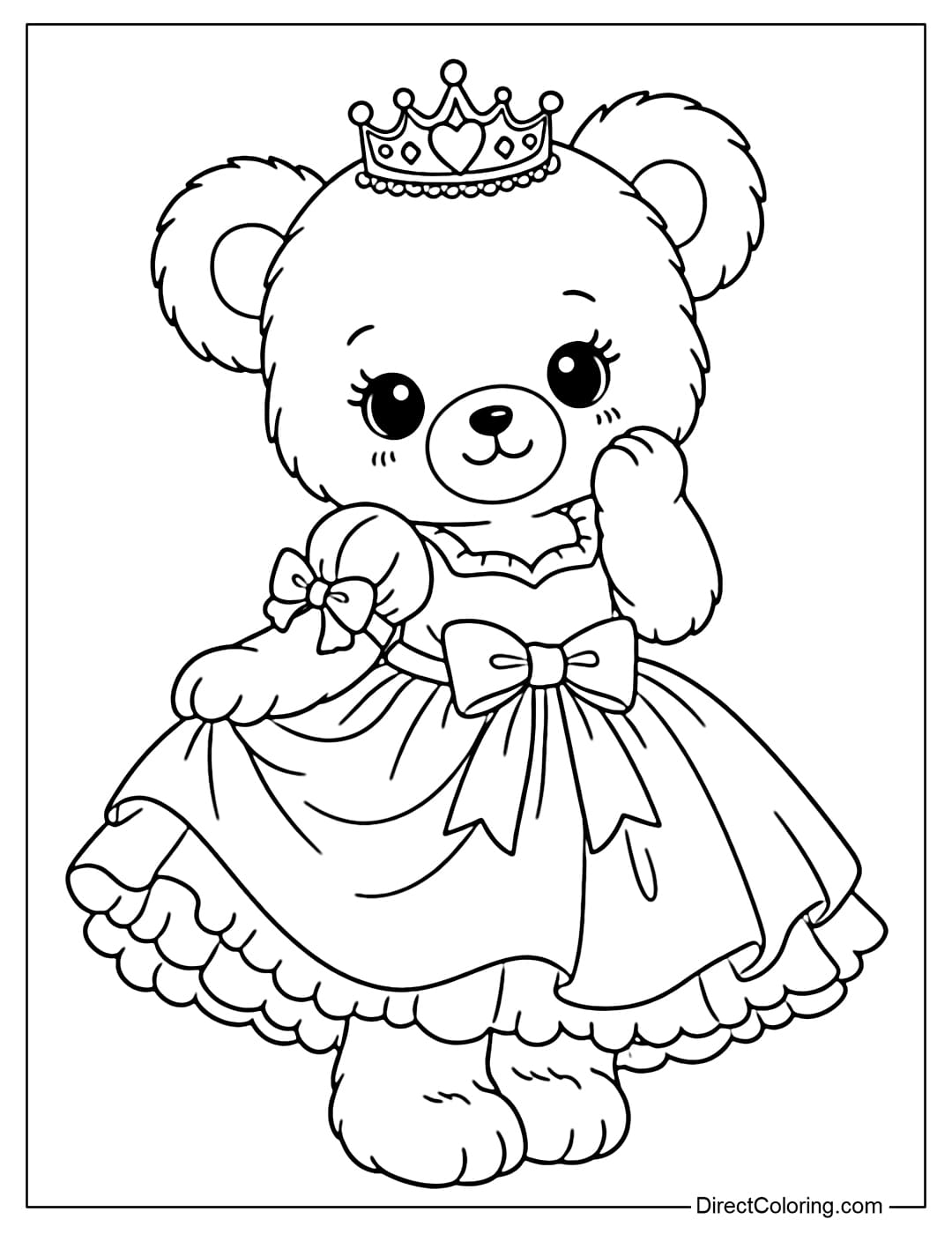 Coloring page of a cute teddy bear wearing a fluffy princess dress and a small crown.