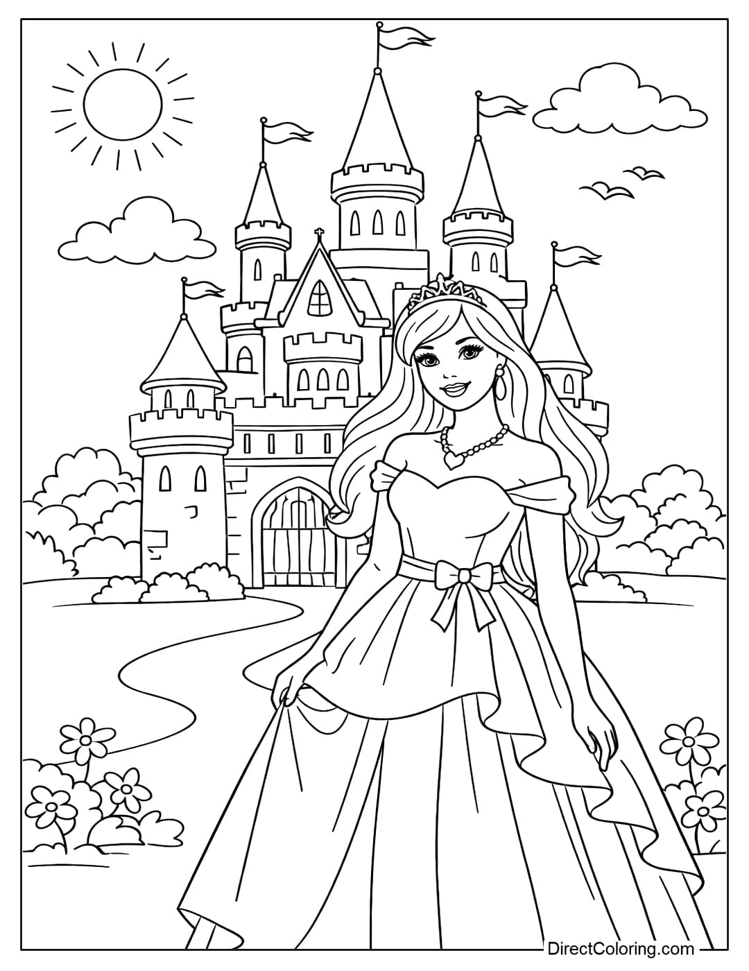 A coloring page of Barbie standing in front of a fairytale castle.