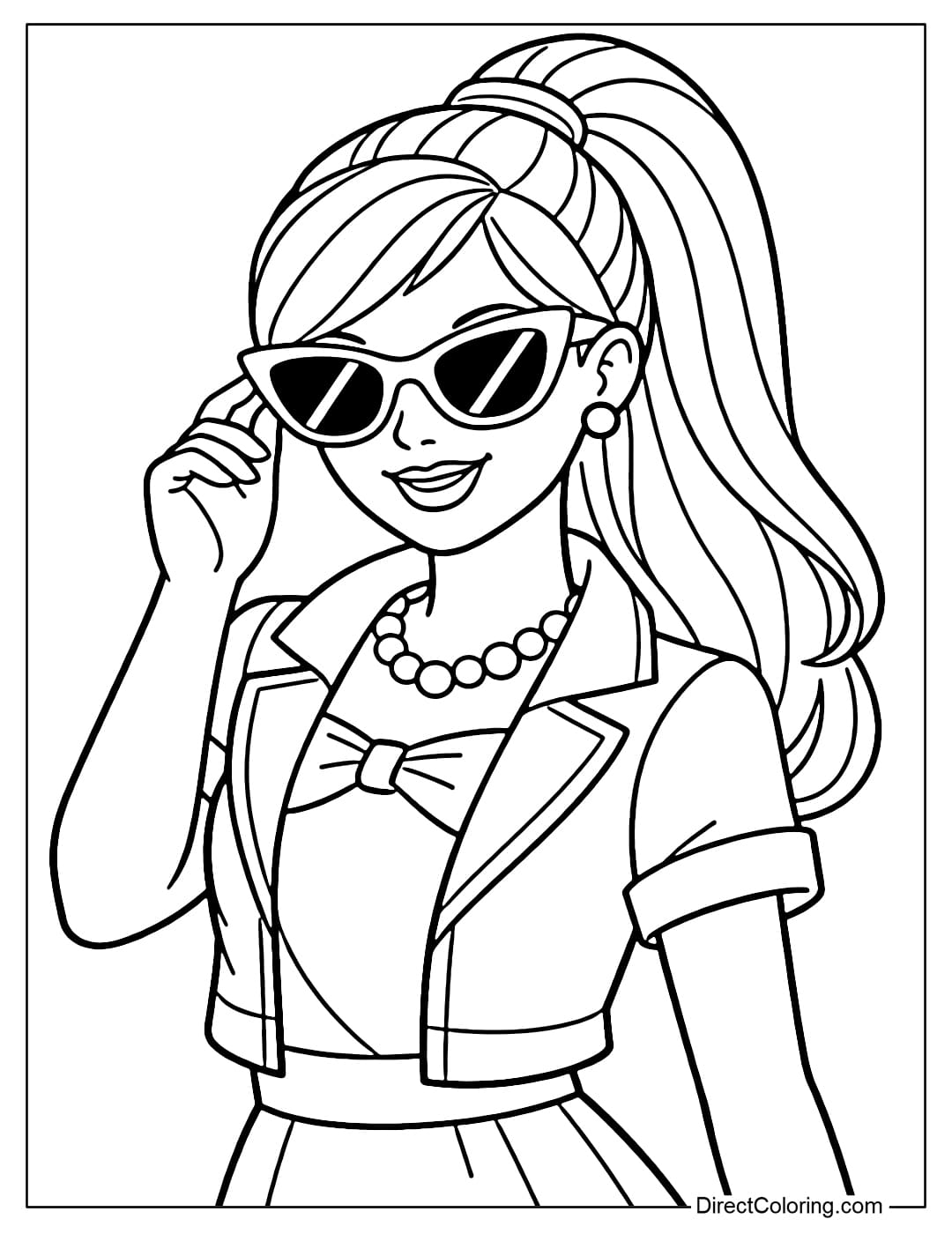 Barbie is wearing fashionable sunglasses, one hand lightly touching the lenses.