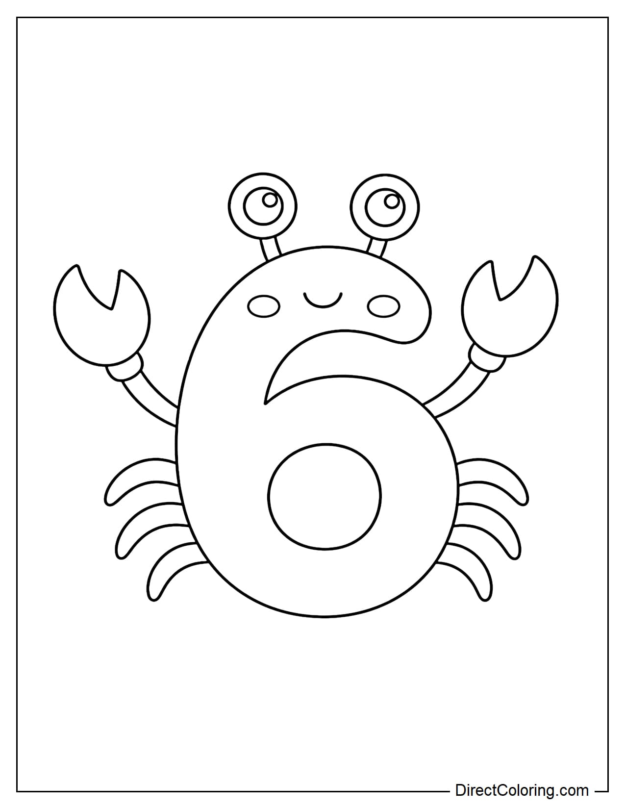 The number 6 is combined with a cute little crab; the curved part of the number forms the crab's body and two simple claws.