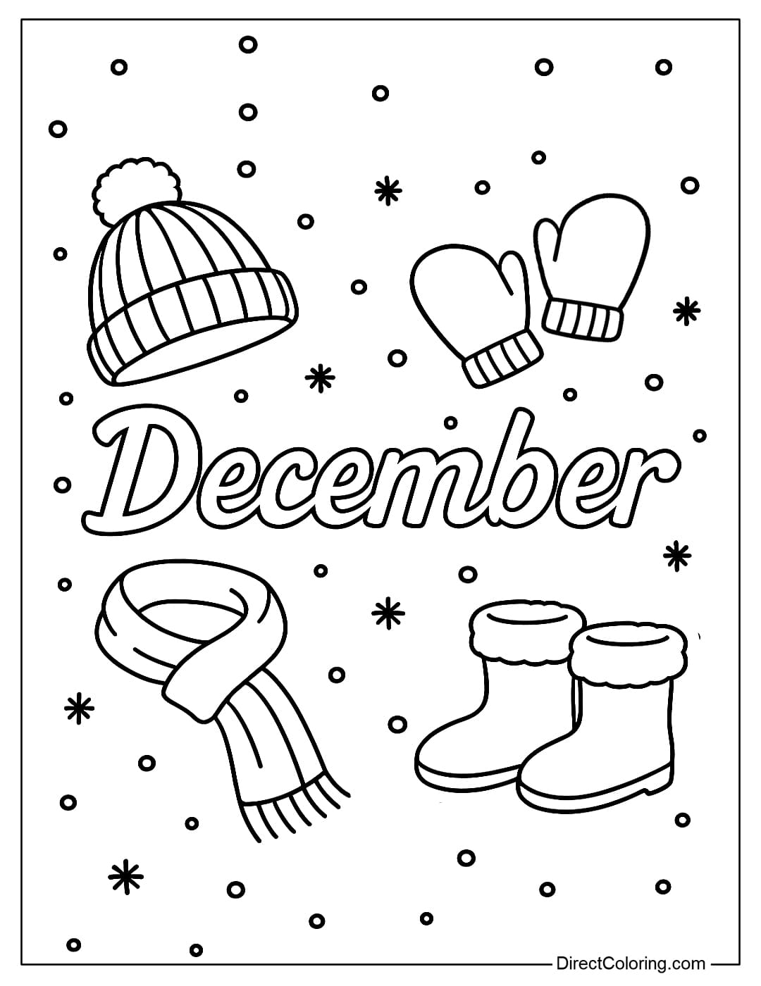 A set of woolen hats, gloves, scarves, and snow boots hanging next to the large word December on a snowy background.