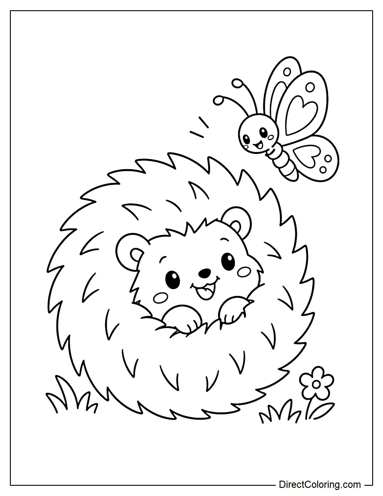 A cute hedgehog curled into a round ball, with its little face showing in the center and a cheerful expression, while a curious butterfly watches nearby.