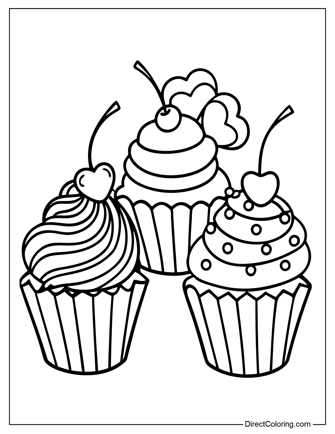 Three Cupcakes with Swirled Frosting Color Page
