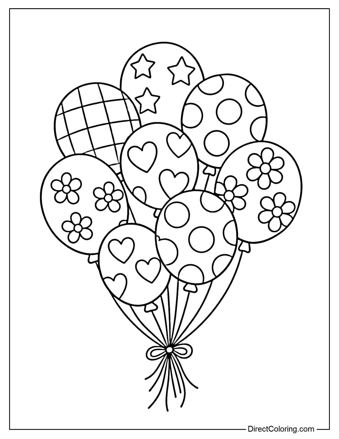 Coloring page featuring a cluster of round balloons, each decorated with a different pattern such as large checks, large polka dots, stars, hearts, and flowers.