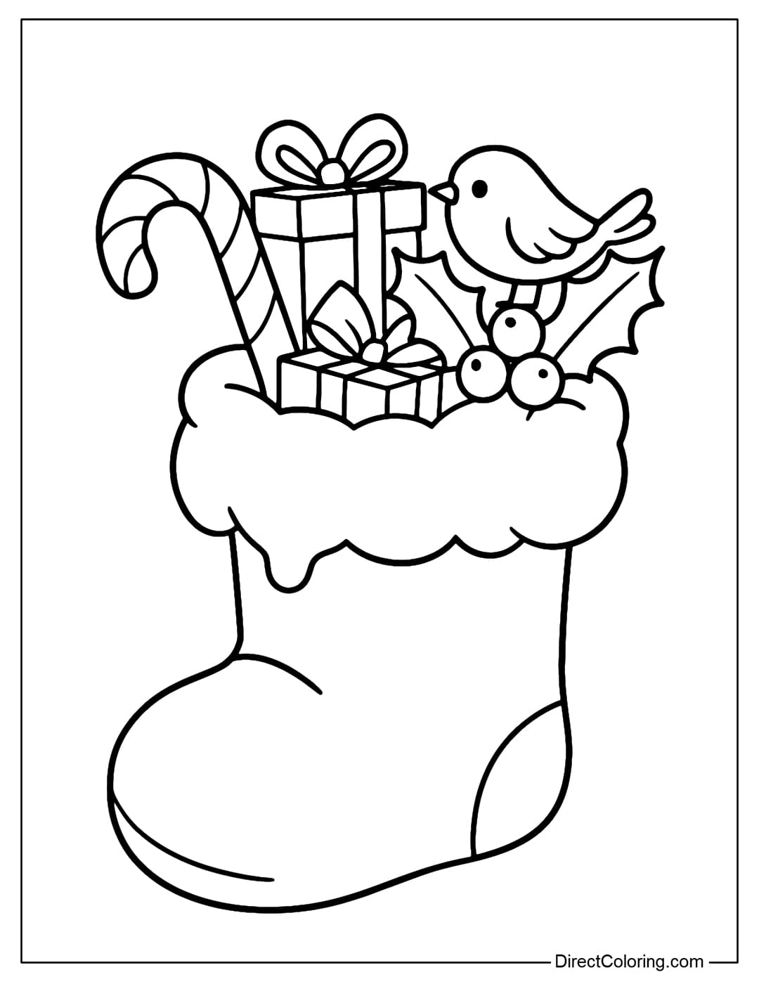 Coloring page Snow-covered red boot containing gifts, candy canes, holly leaves and a cute little bird.