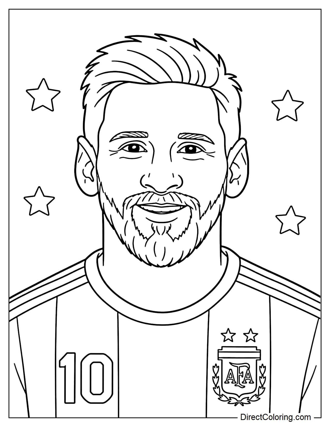 A portrait of Lionel Messi with a slight smile, a frontal view, his hair and beard simply drawn, with a few small stars for decoration.