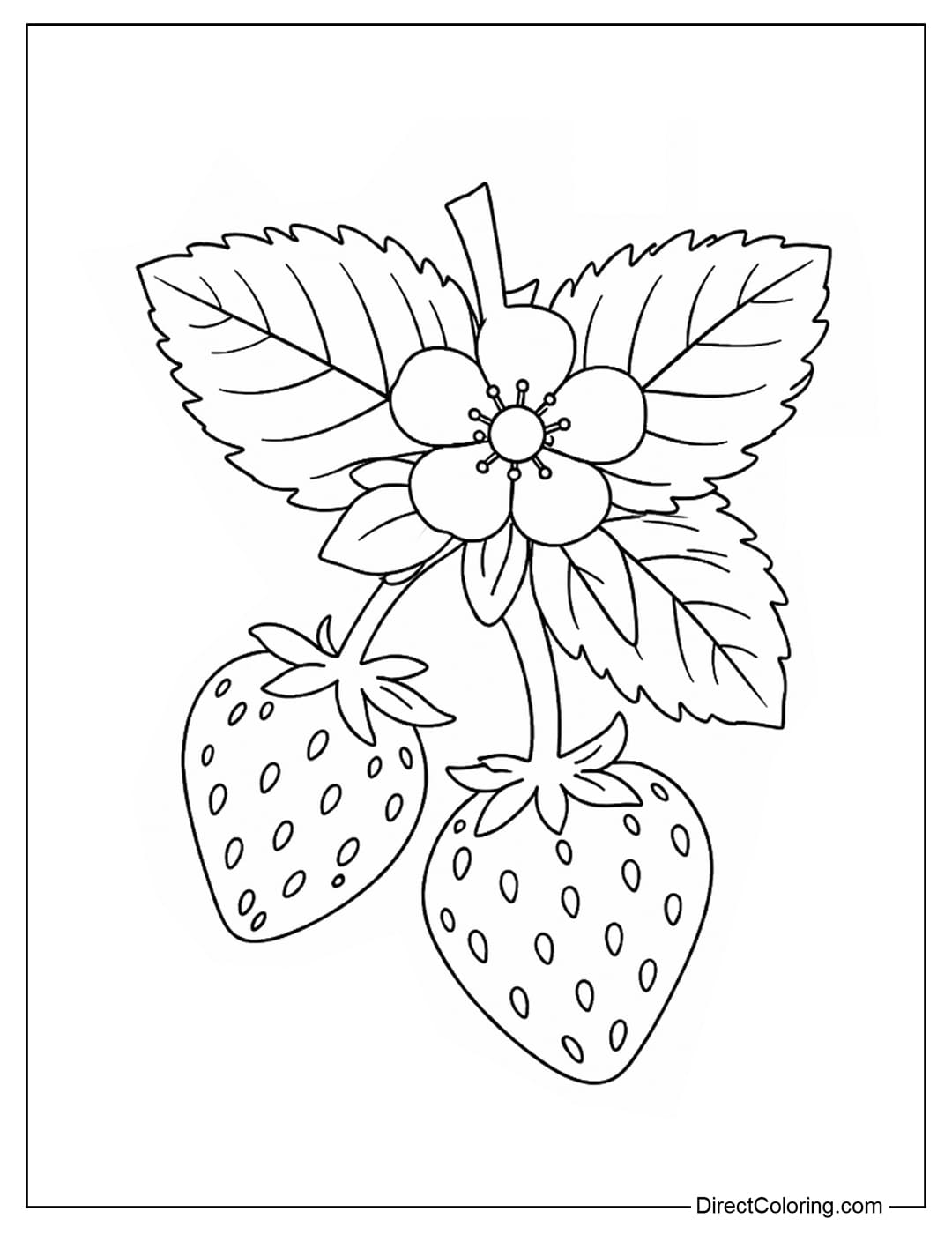 A coloring page featuring two strawberries with a small flower on top.