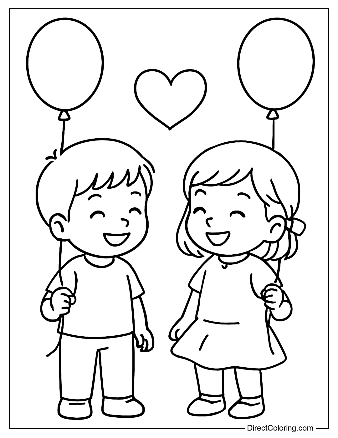 Coloring page of two little friends each holding a balloon - connected by a heart string.