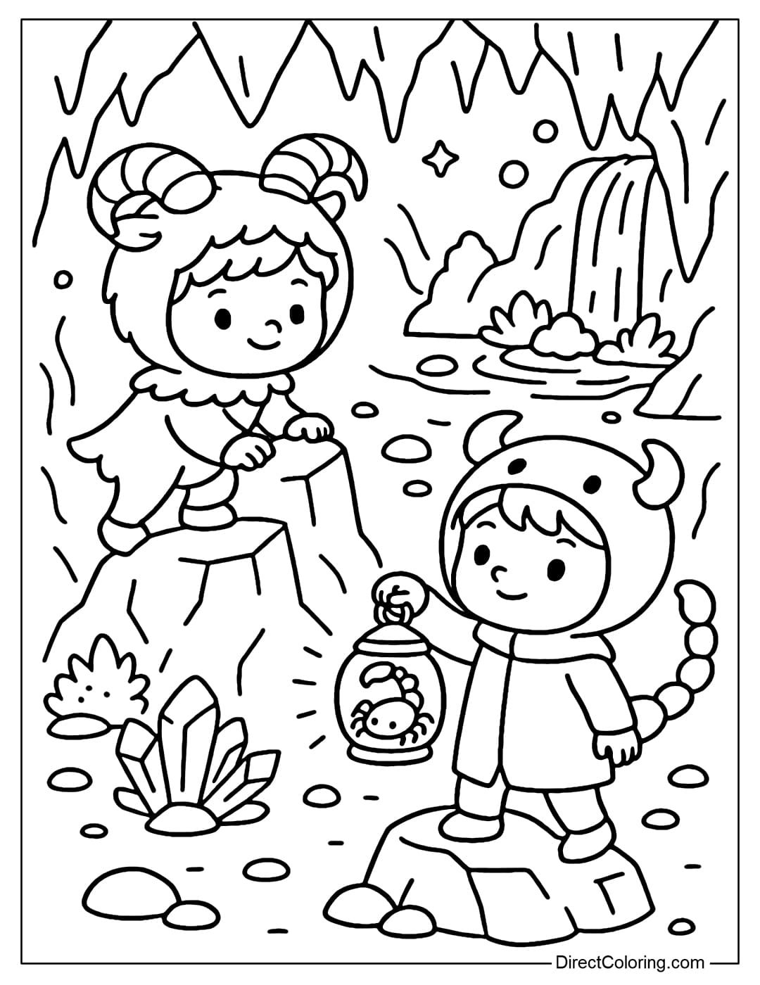 Capricorn coloring page climbs the rock in the cave, Scorpio holds a scorpion lantern, explores the cave with glowing rock dust and a small waterfall flowing through.