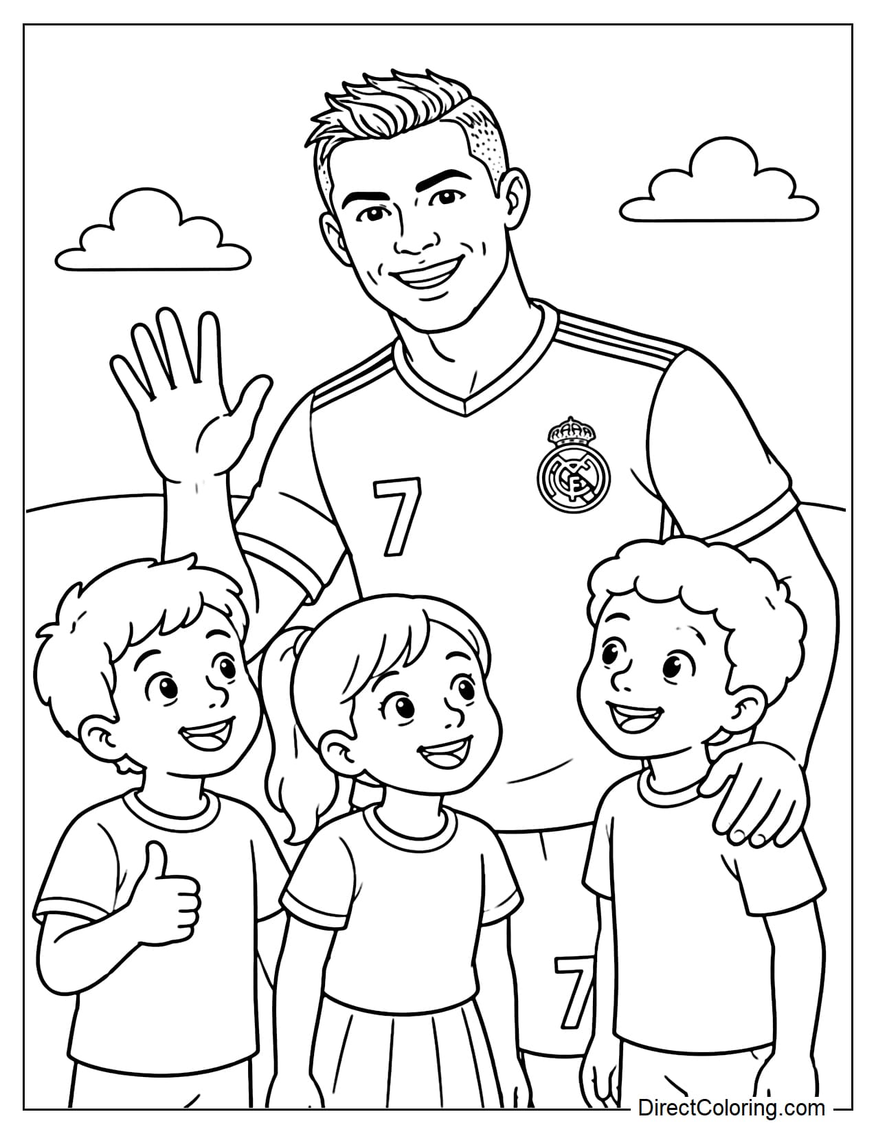 Cristiano Ronaldo happily standing with some children, waving and posing for photos.