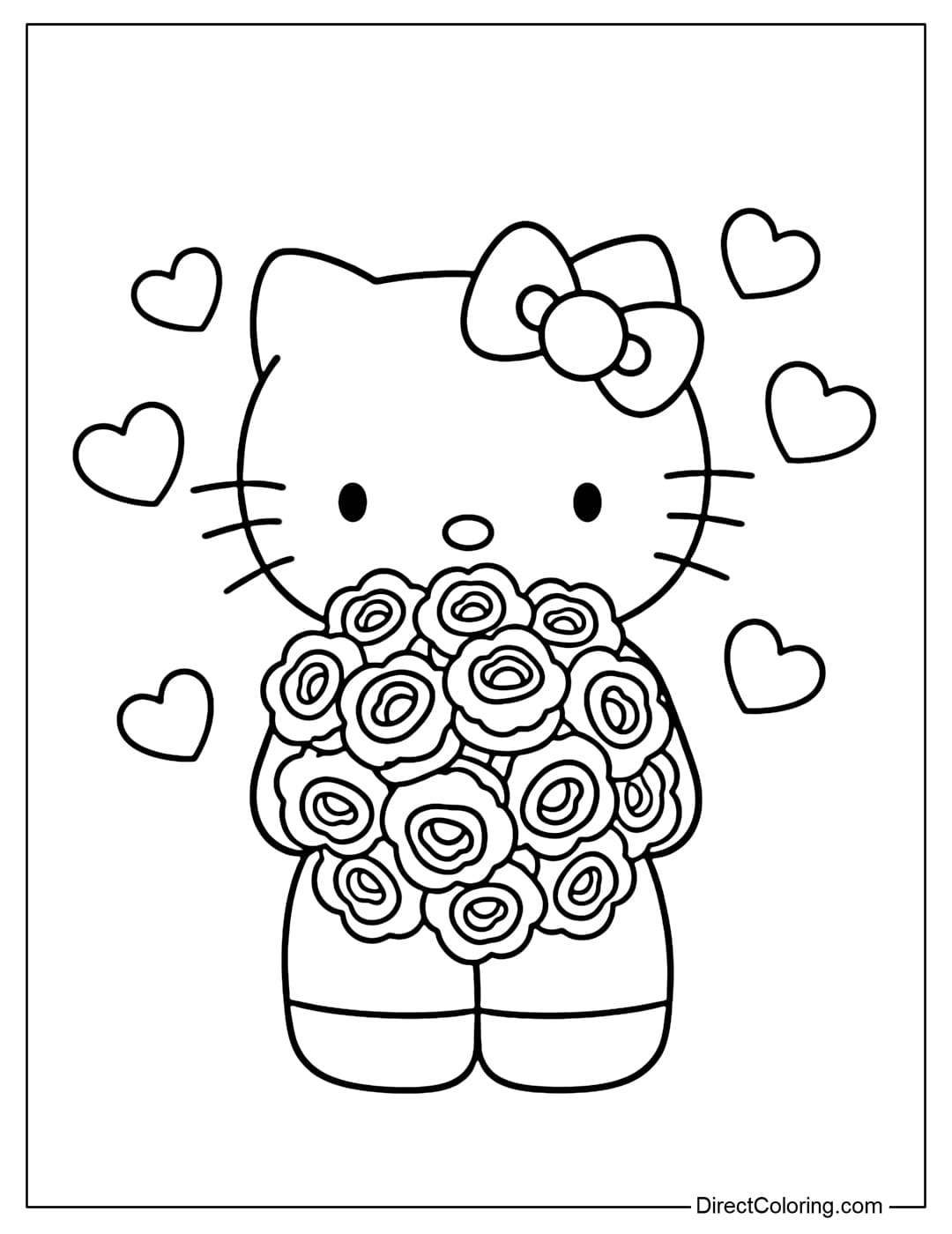 A coloring page featuring Hello Kitty holding a round Valentine's Day rose bouquet with a few gently floating hearts around it.