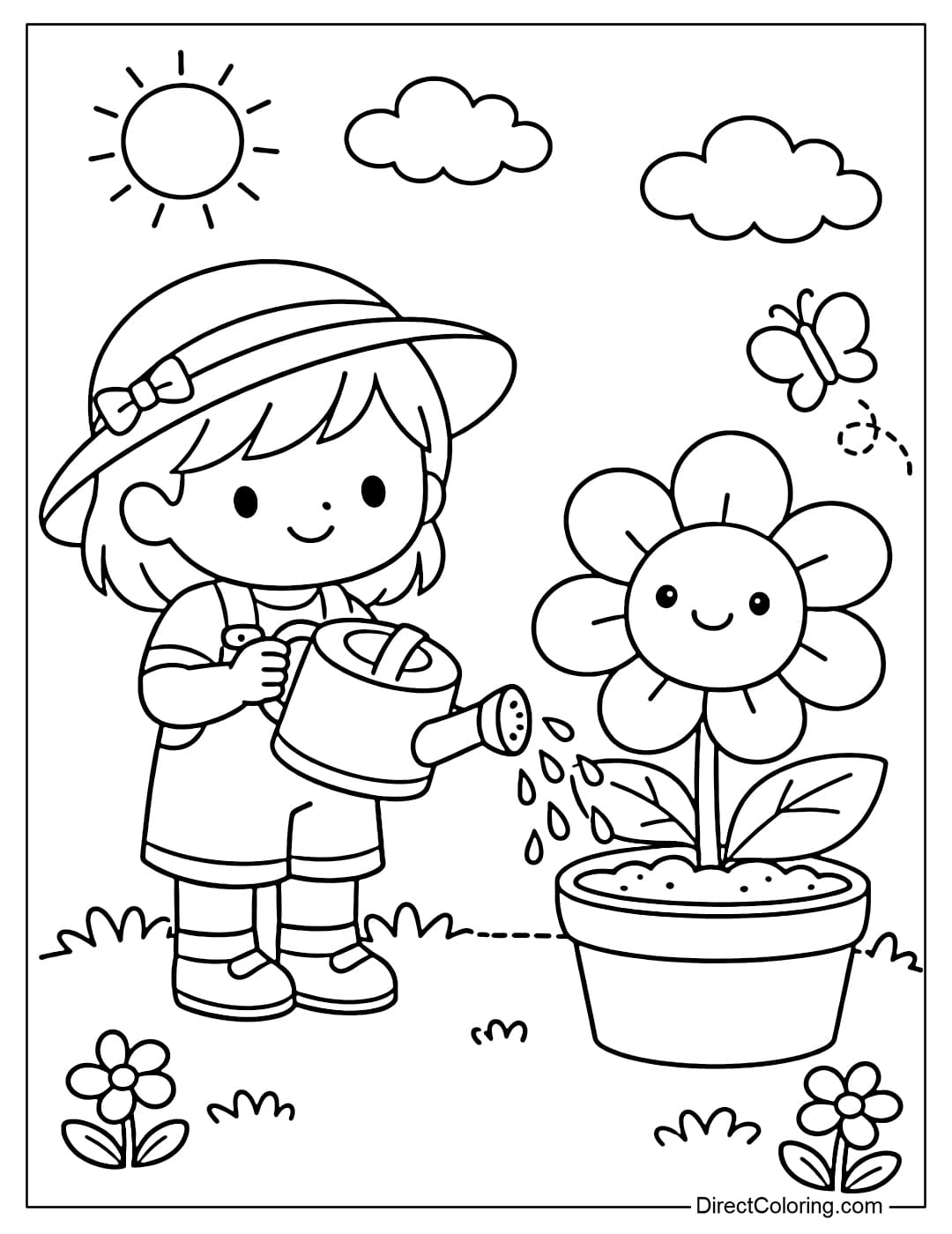 Coloring page of a cute girl watering plants with a simple watering can.