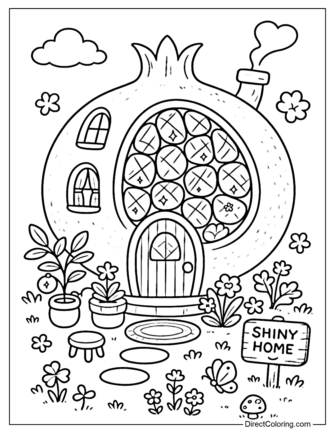 A pomegranate dome house coloring page, the seeds are drawn like a sparkling crystal window.