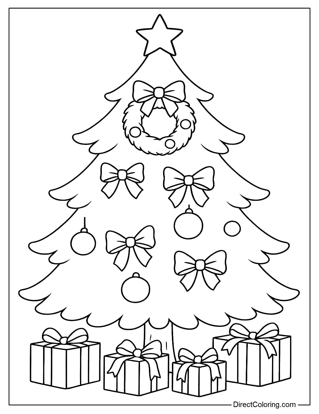 A pine tree coloring page decorated with Christmas wreaths, ribbon bows, and balls. There are gift boxes under the tree.