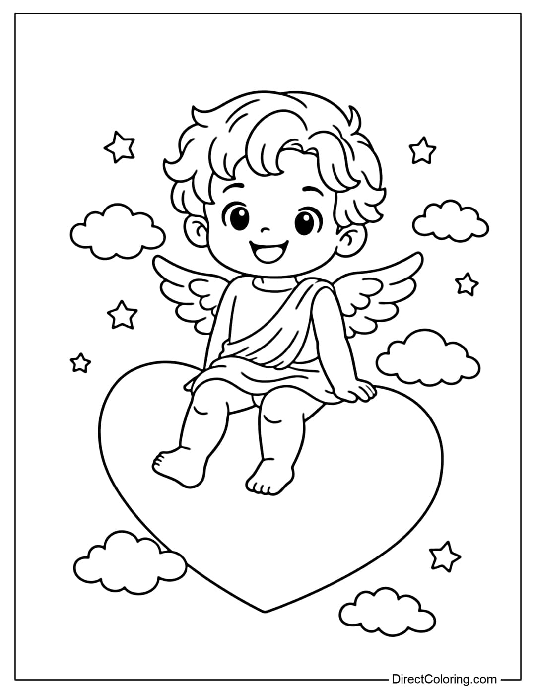 A Cupid is sitting on a heart-shaped cloud, surrounded by small clouds and simple stars.
