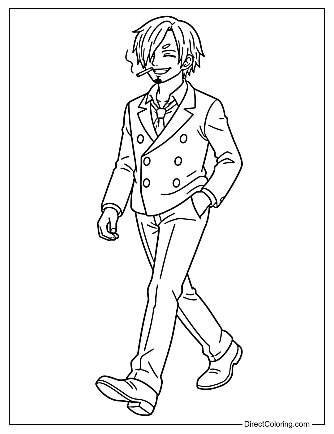 Vinsmoke Sanji smokes a cigarette, walks lightly, and smiles happily.