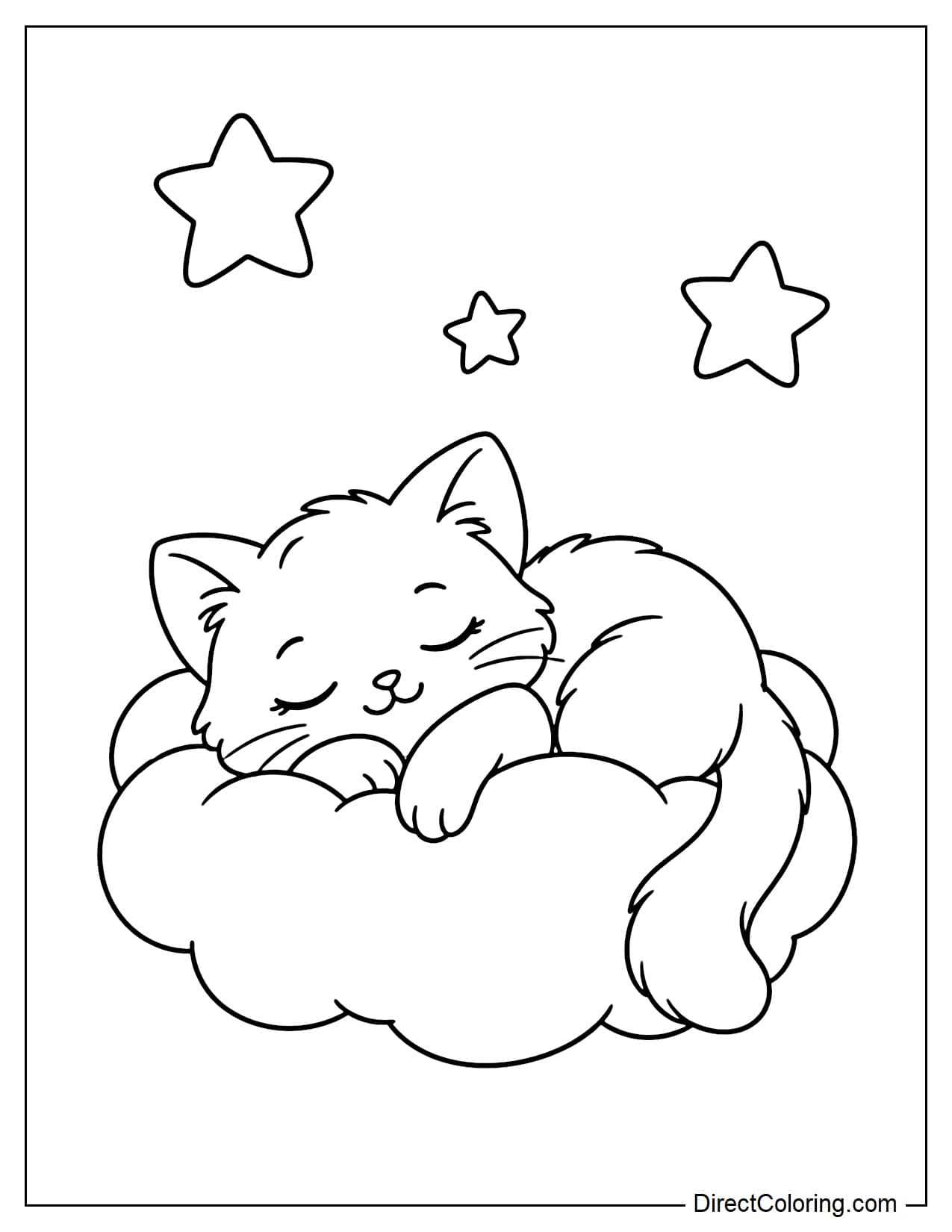 A peaceful kitten curls up asleep on a large fluffy cloud, with its tail hanging gently over the edge and a few stars above.