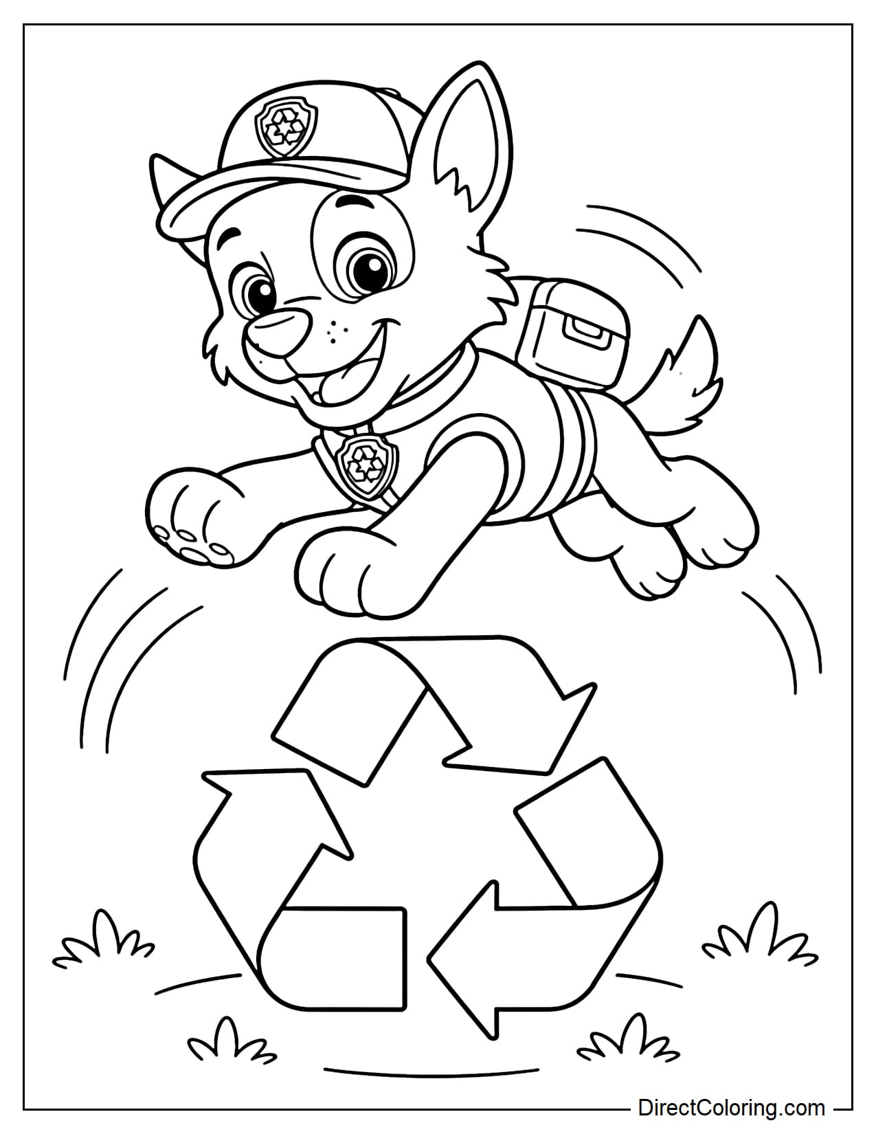Rocky joyfully leaps over a large recycling symbol on the ground, with curved motion lines around him.