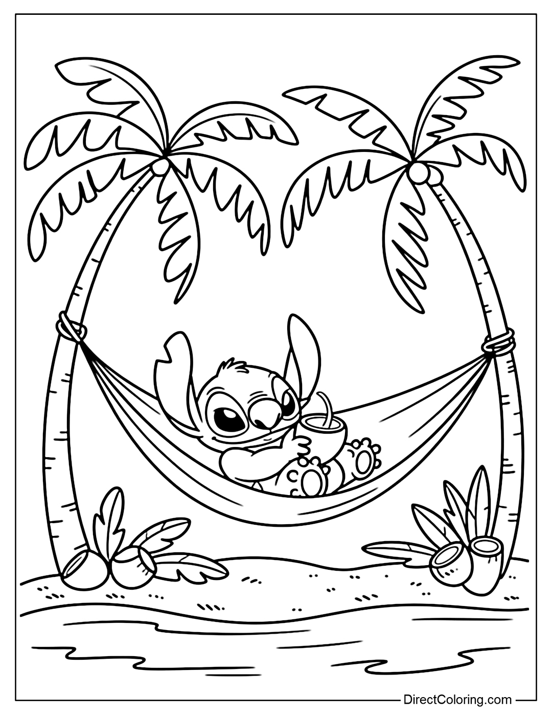 Stitch coloring page taking a nap in a hammock tied between two coconut trees, holding a cool coconut.