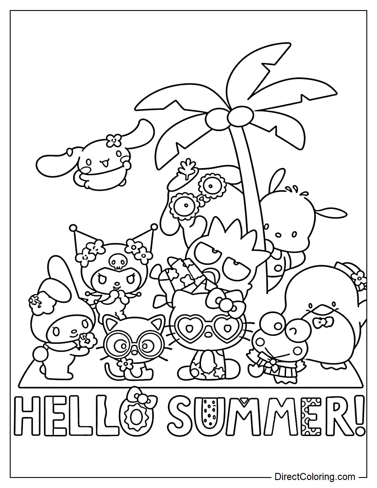 Sanrio characters are on a small sandy island. Hello Kitty, My Melody, Kuromi, Cinnamoroll, Pompompurin, Pochacco, Badtz-Maru, Keroppi, Tuxedo Sam, and Chococat are dressed in tropical outfits, wearing sunglasses and flower accessories. Standing under a single palm tree, below is the text 