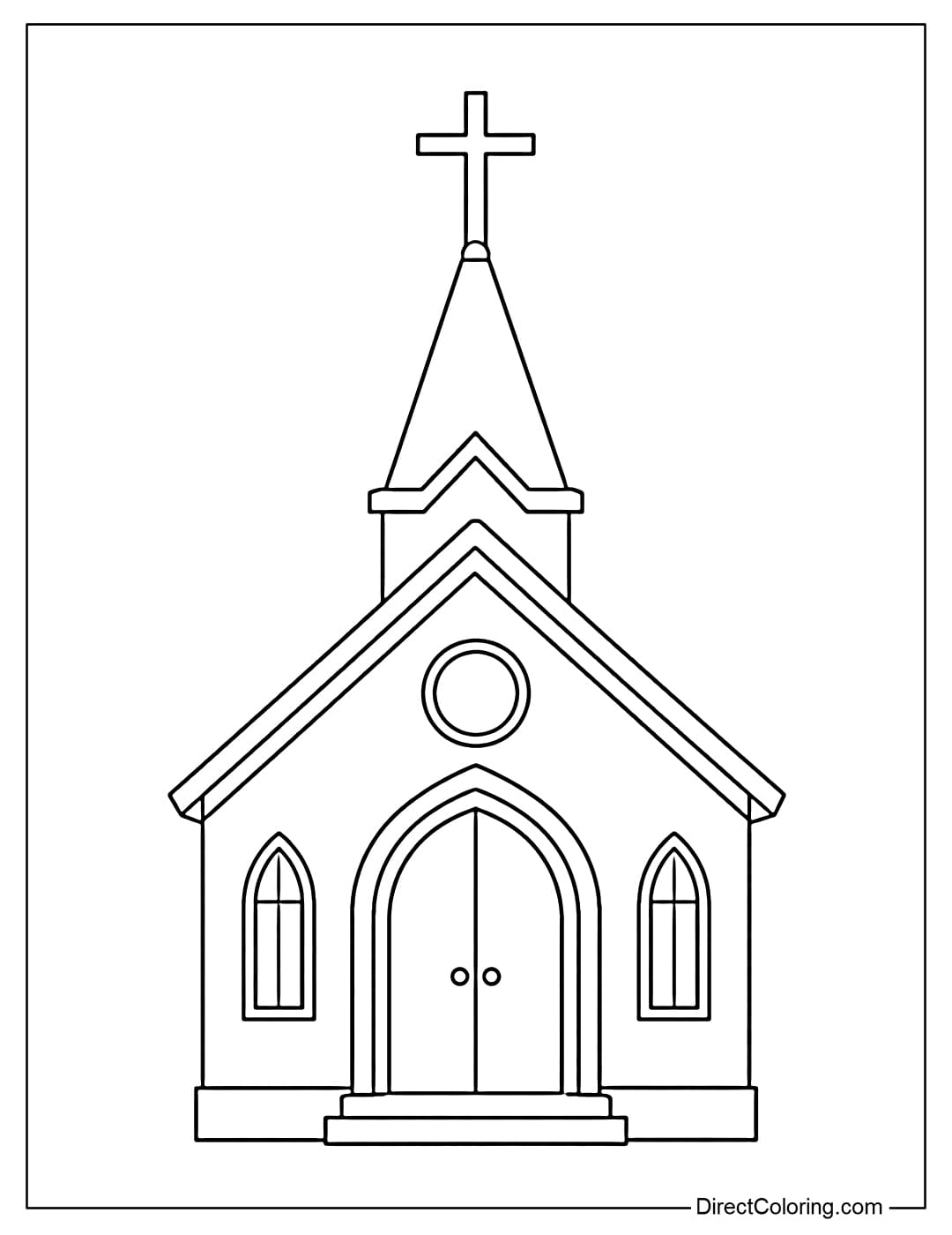 Coloring page of a simple church with a pointed roof and a cross on top, with a large door in front.