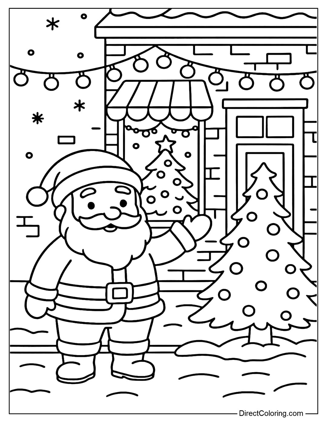 A coloring page of a small winter street, Santa Claus standing in front of a shop decorated with Christmas lights, a pine tree, and snow on the roof.