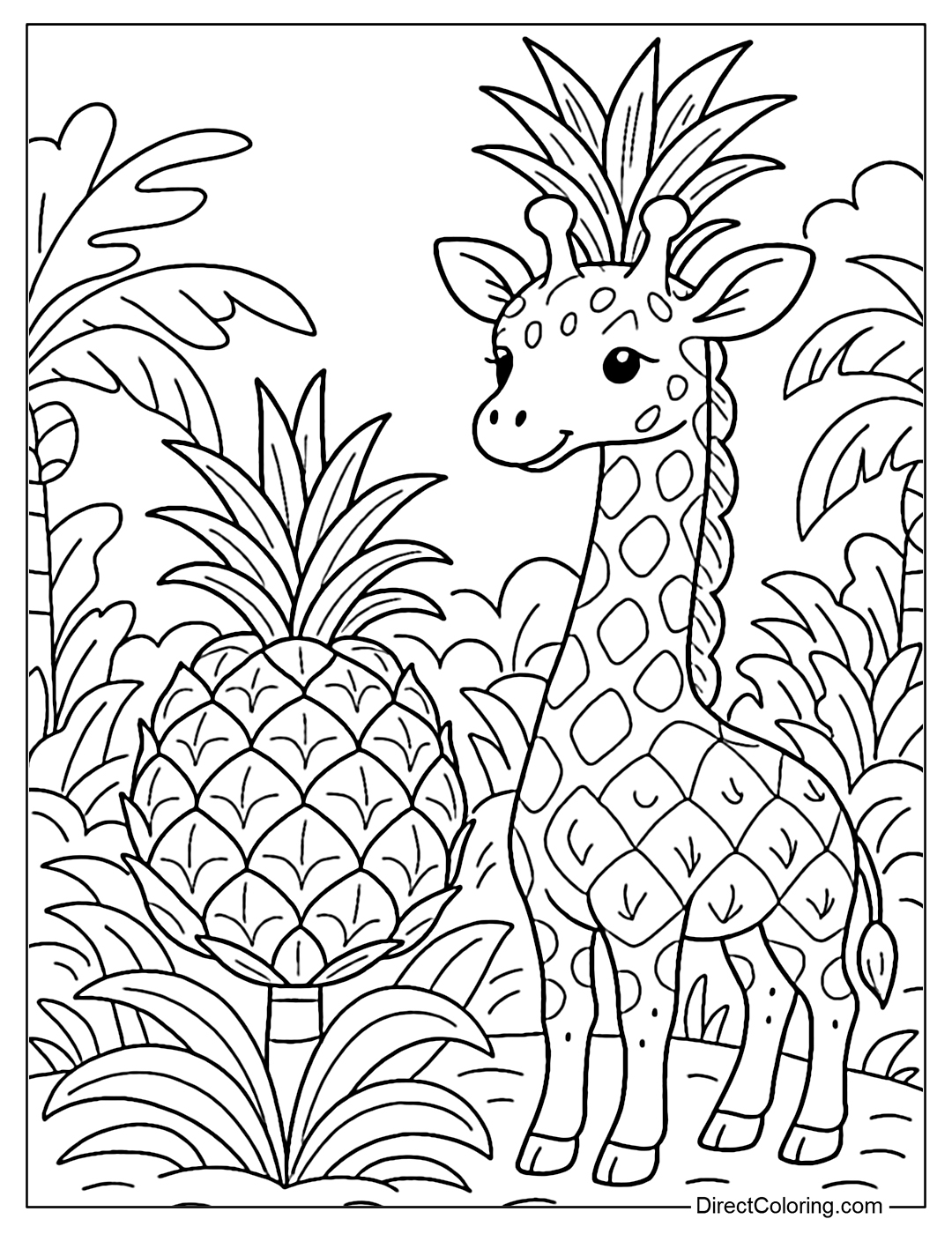 A giraffe coloring page with a body like a pineapple shell, a long neck with scales like pineapple eyes, and a head with pineapple leaves instead of horns.