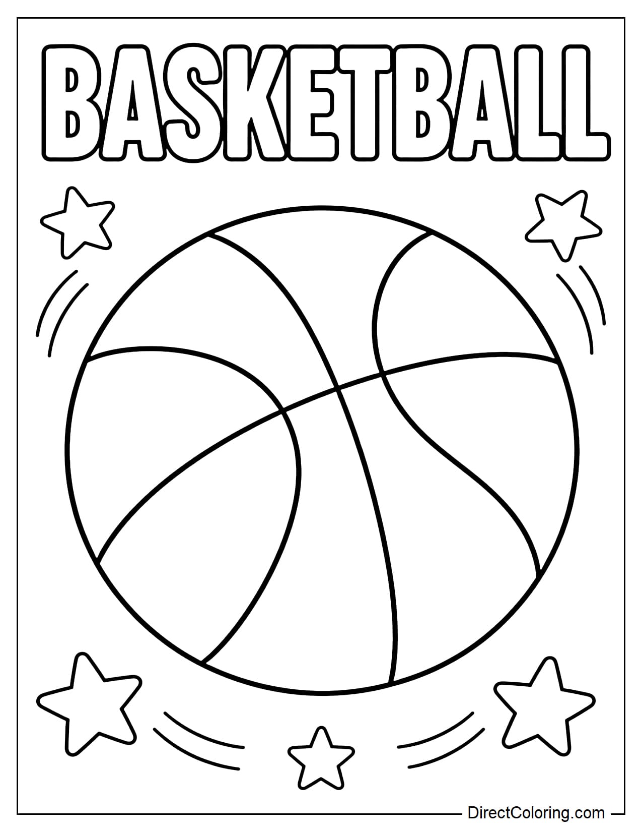 A large basketball in the middle, with the word BASKETBALL written in large letters on top, surrounded by some stars and curves.