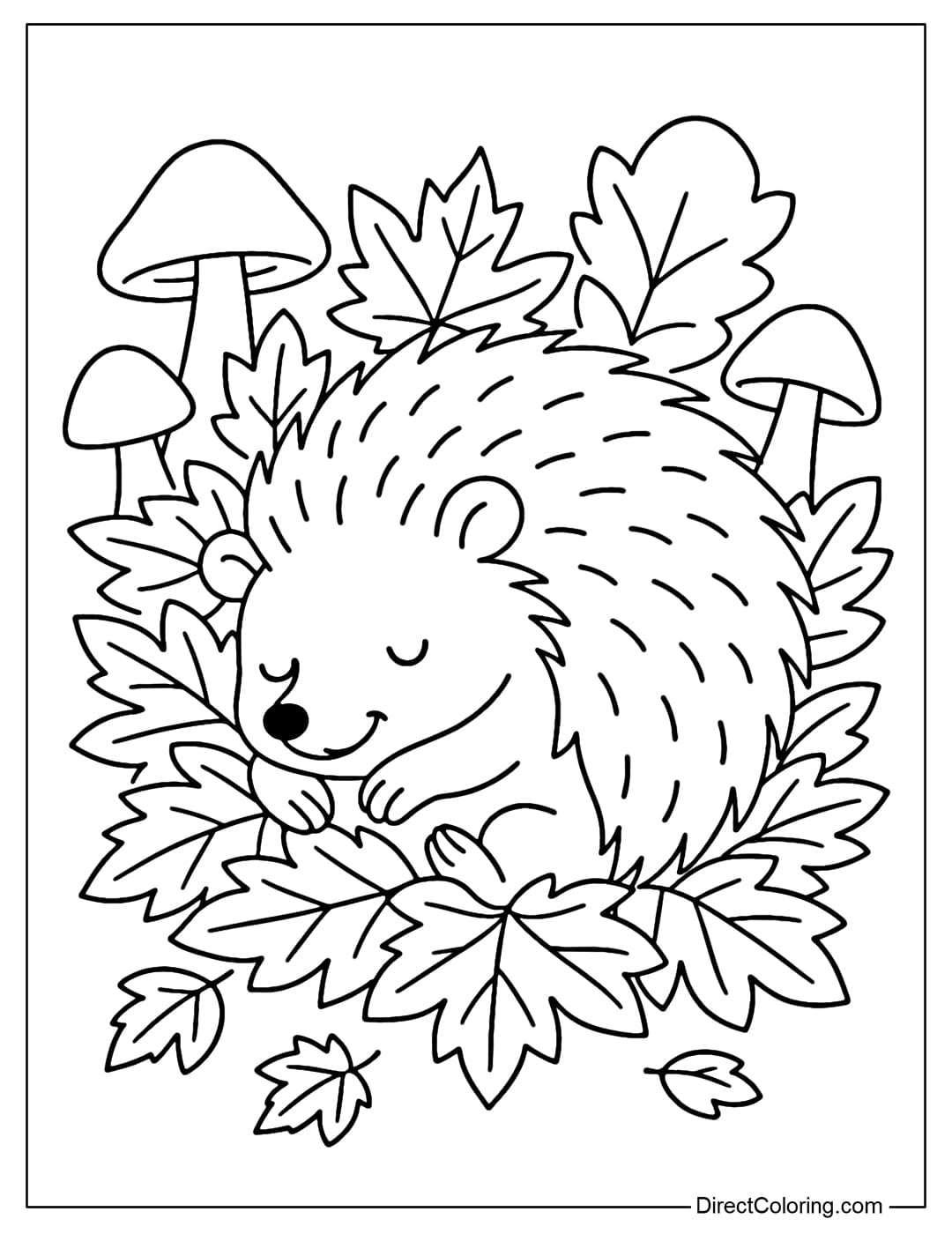 Coloring page of a little hedgehog curled up in a pile of yellow leaves, surrounded by some mushrooms growing.