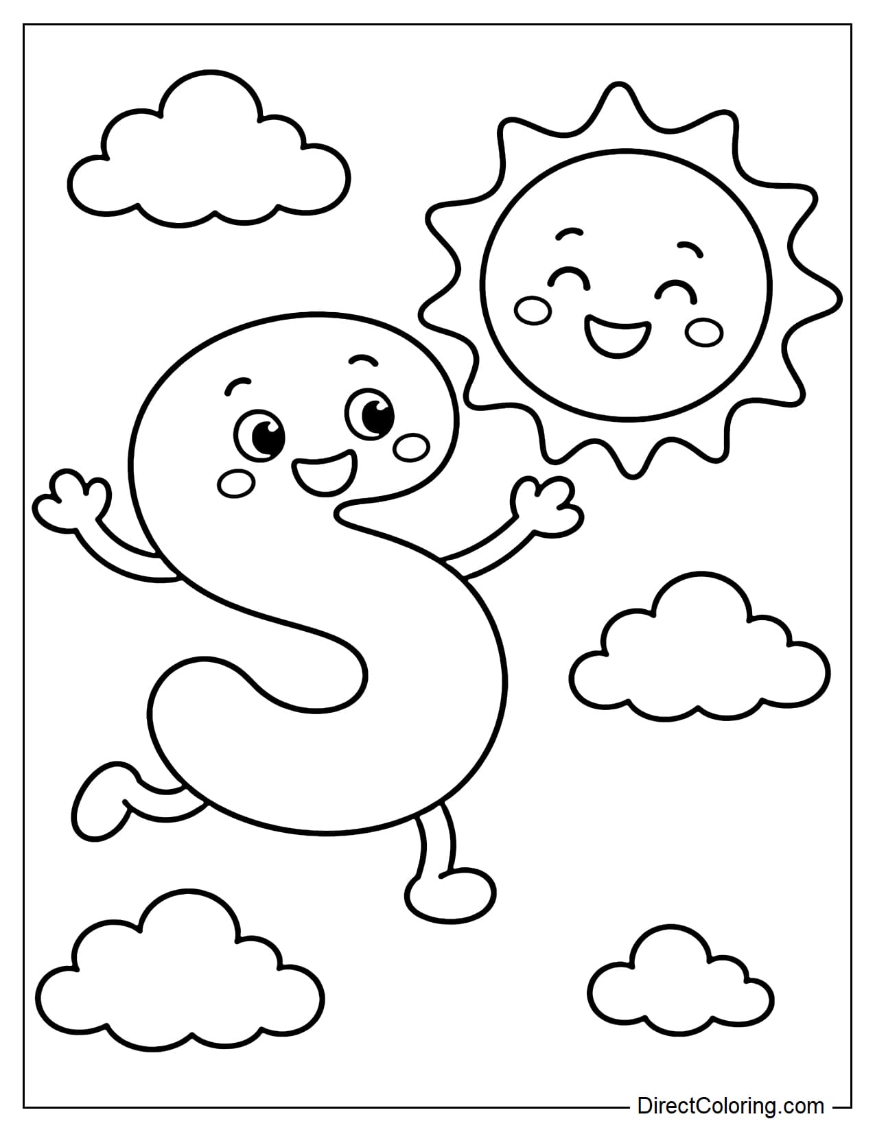 The adorable letter S is playing with the sun, which has a friendly smiling face. There are some simple, soft clouds around it.