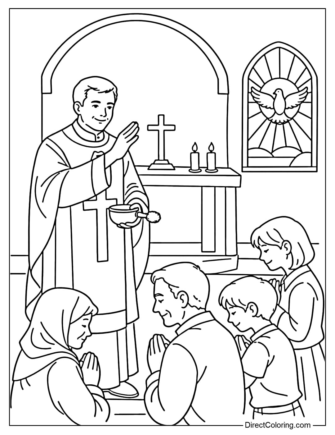Coloring page of a priest giving blessings in a simple setting.