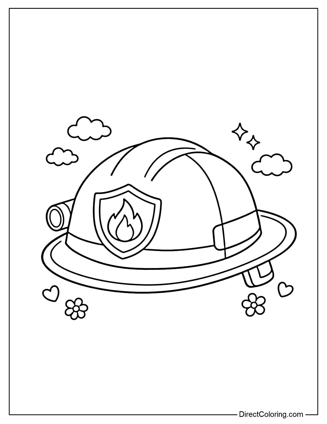 Coloring page of a simple firefighter helmet placed in the center of the page.
