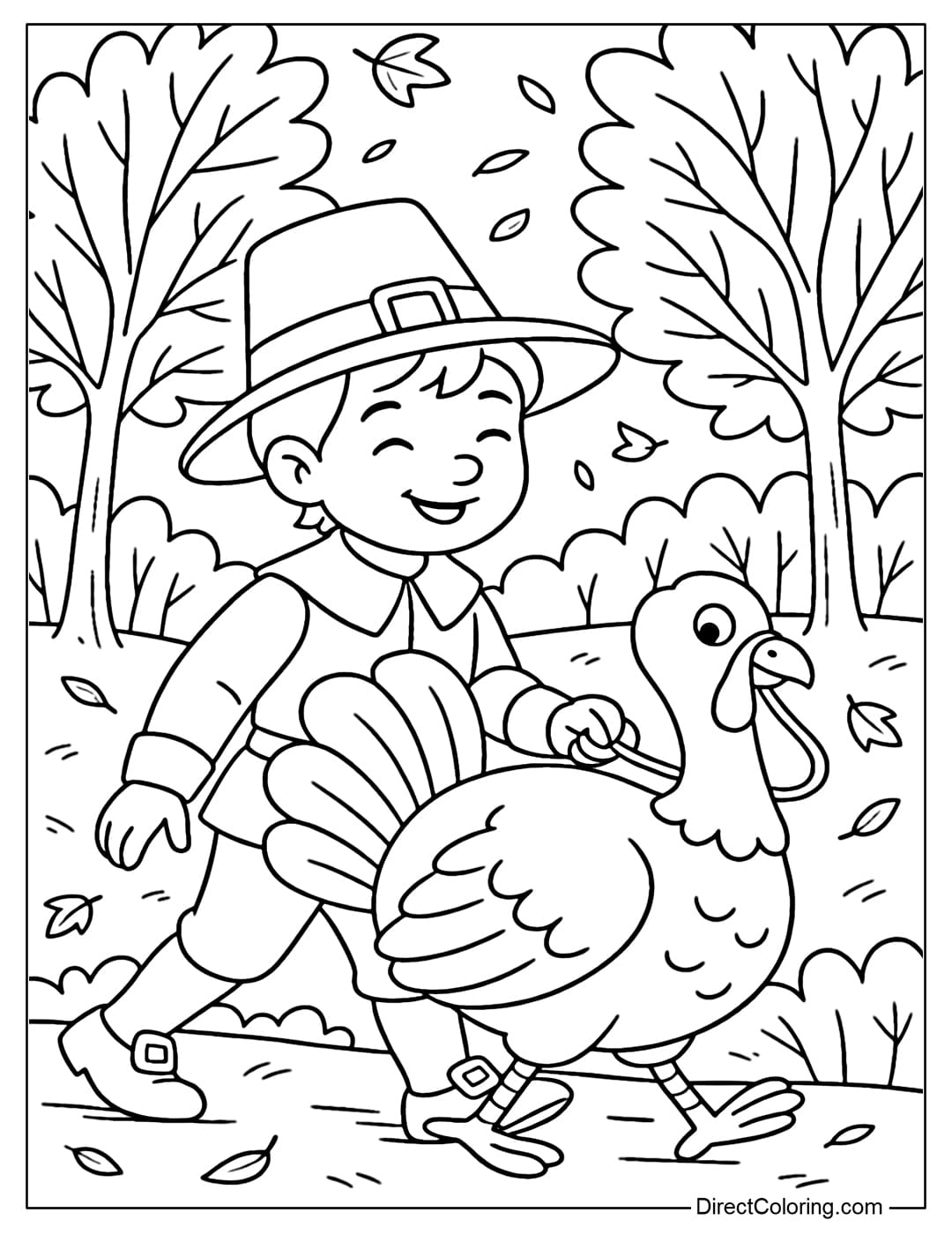 A coloring page of a boy Pilgrim wearing a wide-brimmed hat, happily leading a big round turkey, with a forest of golden leaves behind.