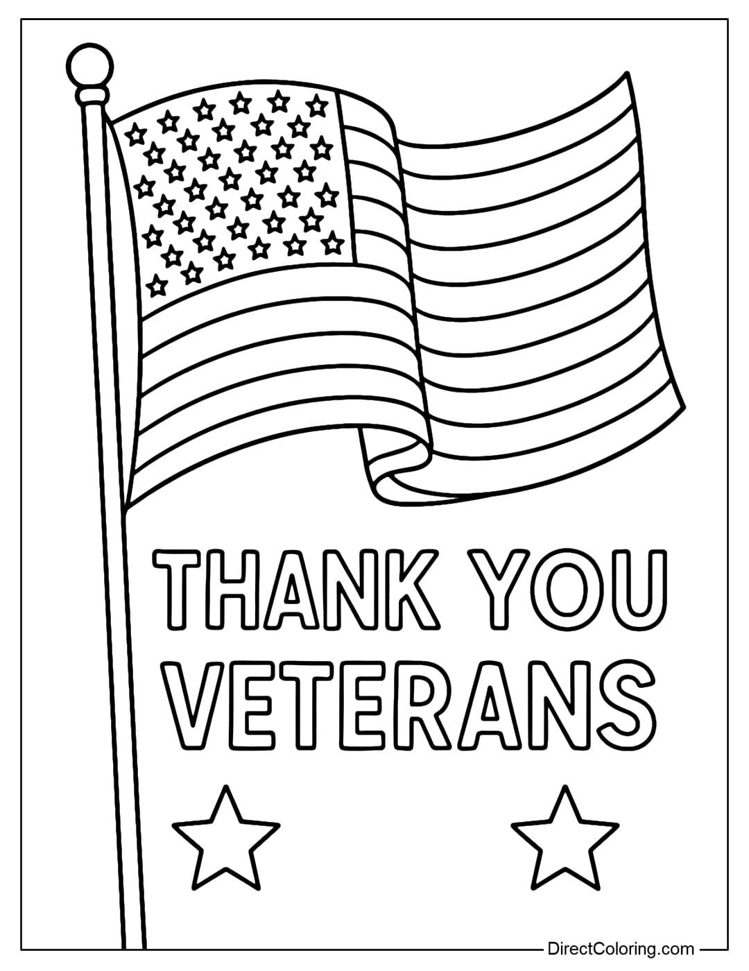 A coloring page of an American flag waving in the wind, with a simple “Thank You Veterans” sign at the bottom with two stars.