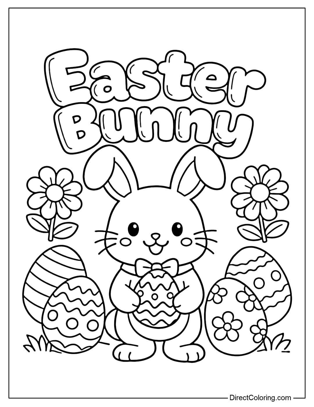 A cute Easter bunny coloring page featuring a bunny holding a small Easter egg with the words 