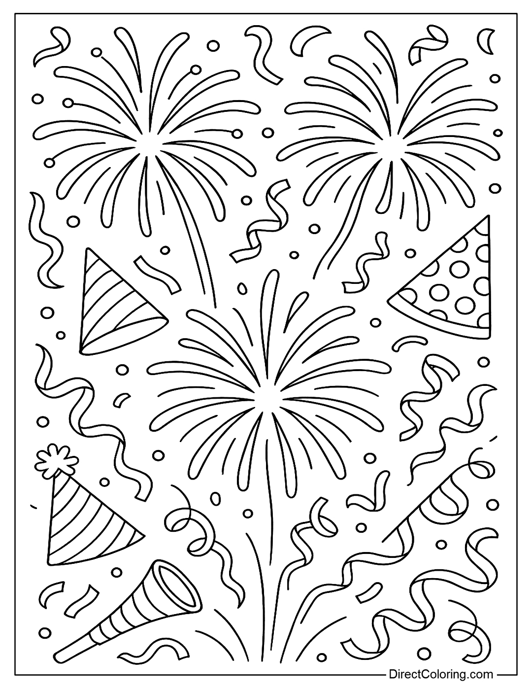 a fireworks coloring page combining other festival symbols such as paper hats, trumpets, and ribbons to create a lively layout