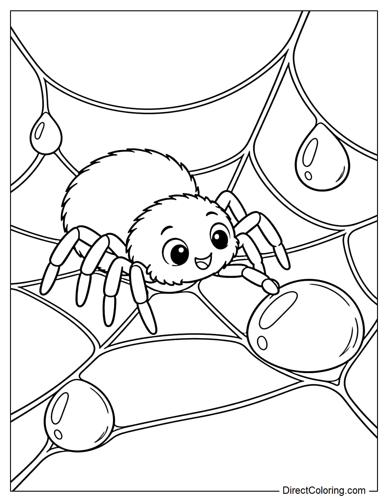 A spider sits on its web after the rain, reaching out with one front leg to touch a large raindrop resting on the web.