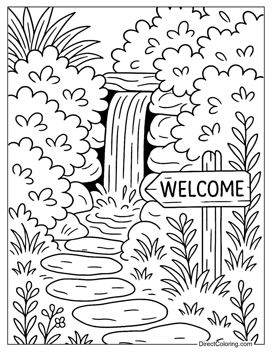 Secret backyard corner coloring page with small waterfall hidden behind bushes, wooden 