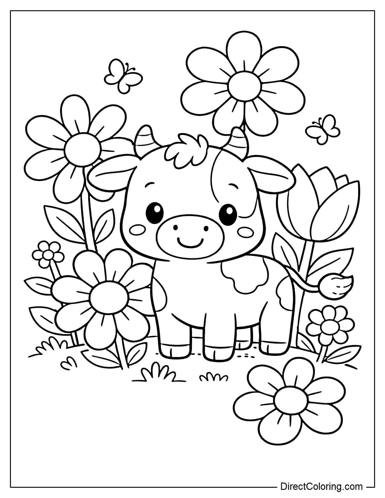 A cow standing in the middle of a large spring flower garden.
