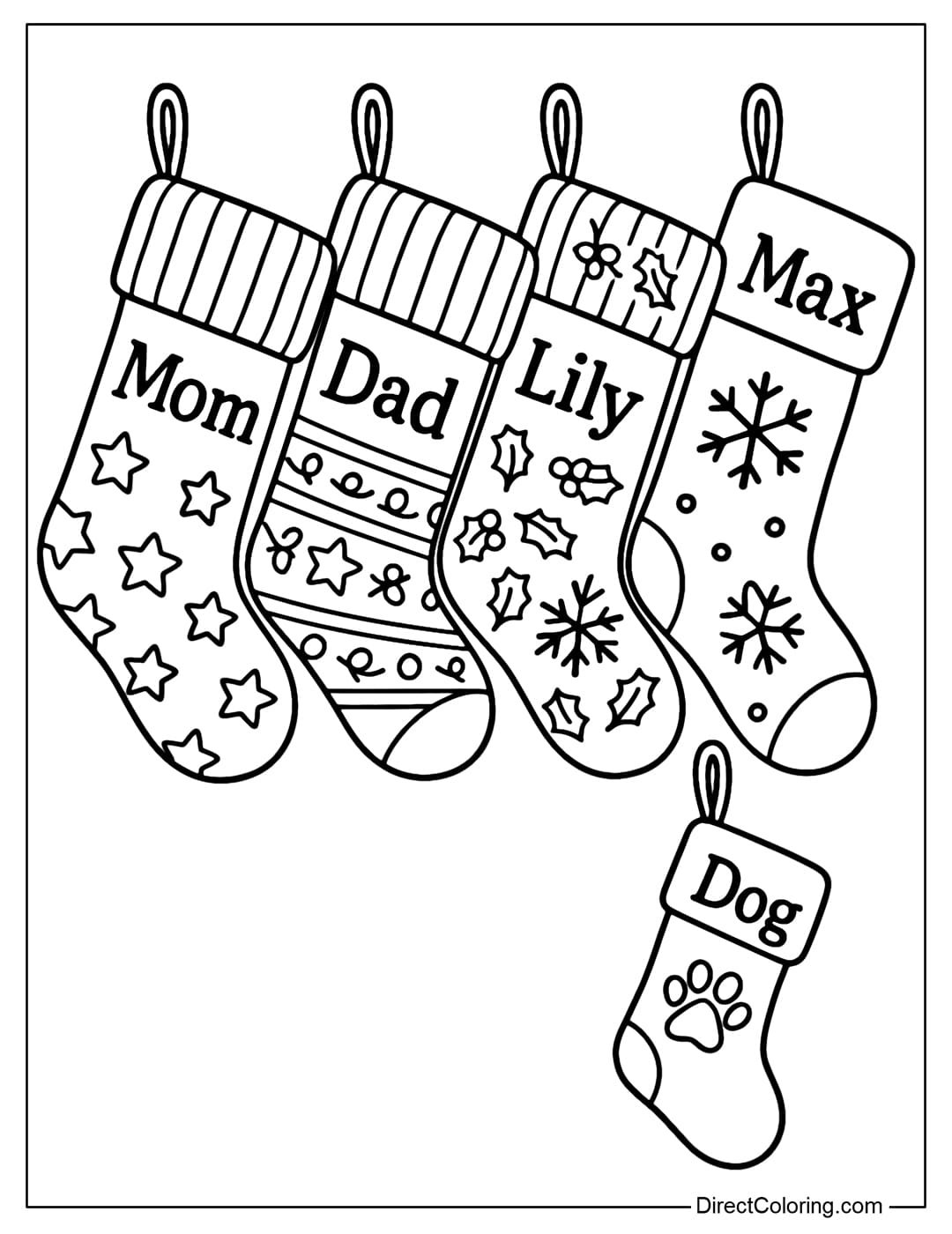 Family Stockings with Names Coloring Page Coloring Page A row of four stockings hanging in a row, each embroidered with the names Mom, Dad, Lily, Max and a small one for the puppy.