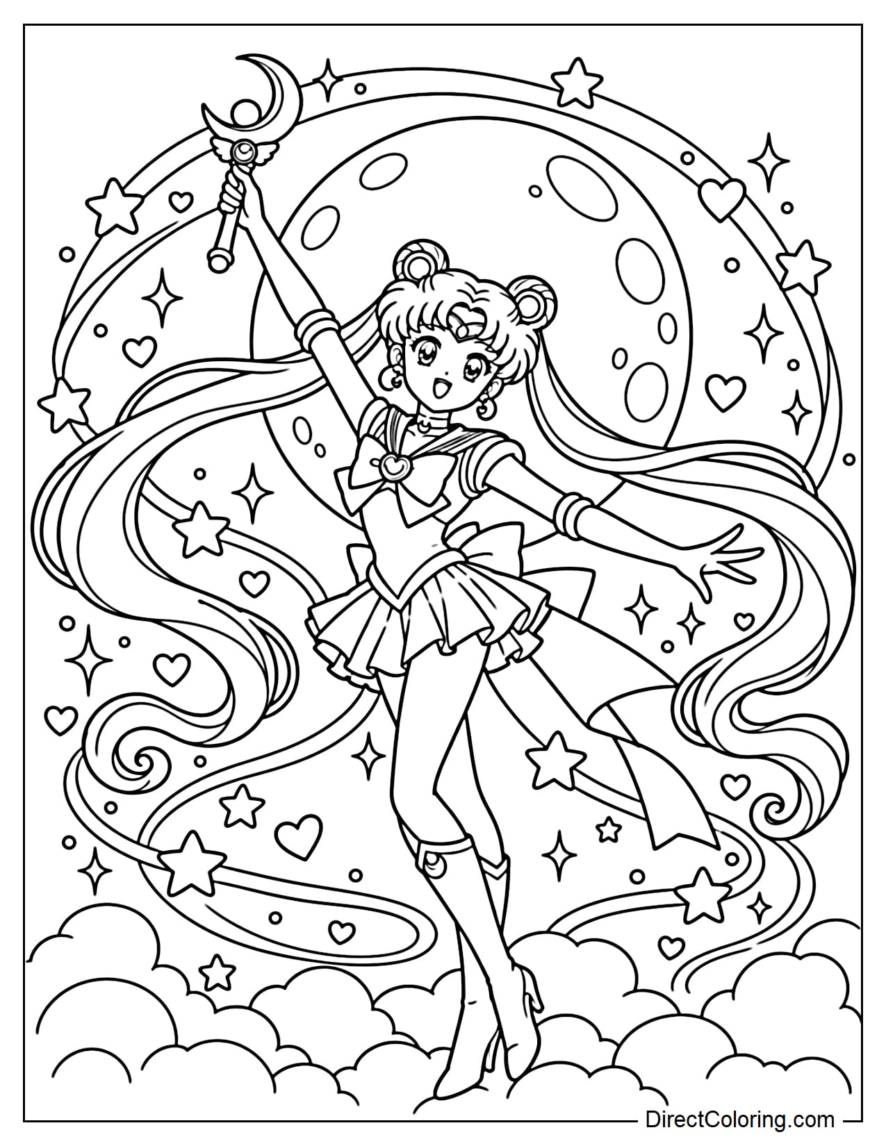 Sailor Moon performs a magical move with her Moon Stick, gently twisting her body while raising the wand high with one hand and extending her other arm to the side. A large magical arc surrounds her, with a few fluffy clouds beneath her feet and a large moon in the background.