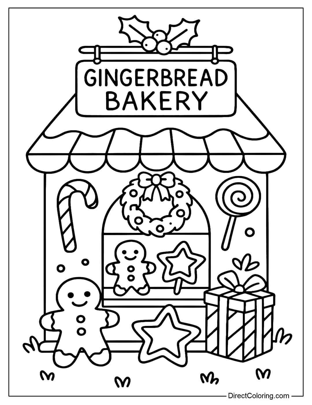 Miniature Christmas Bakery Coloring Page: with gingerbread, star cake, lollipop and gift box, Gingerbread Bakery sign.