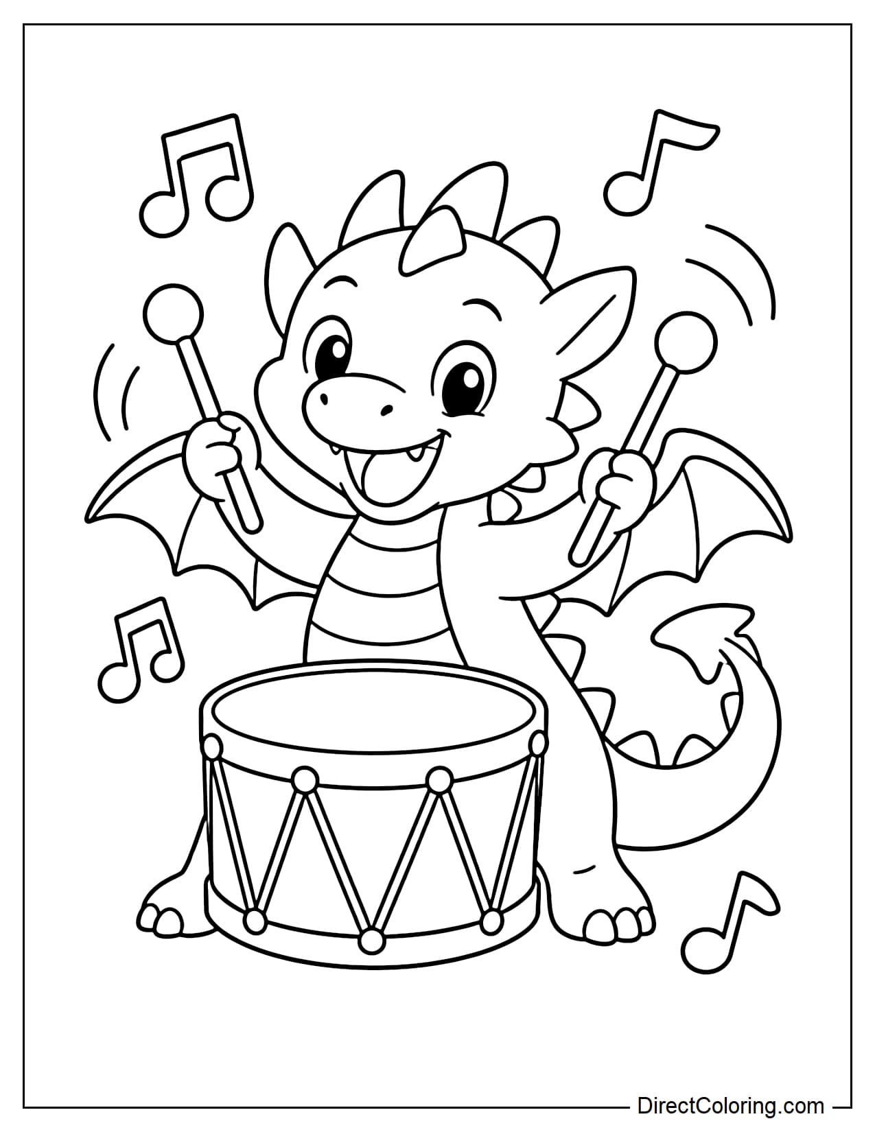 A small dragon is using two large drumsticks to play a round drum in front of it, with a few musical notes around it.