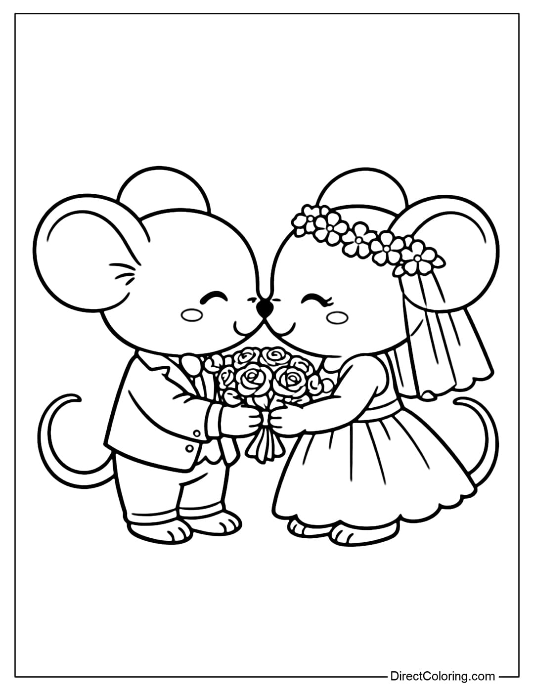 Coloring page featuring a cute mouse couple standing opposite each other, holding a small bouquet of roses in between, noses lightly touching.