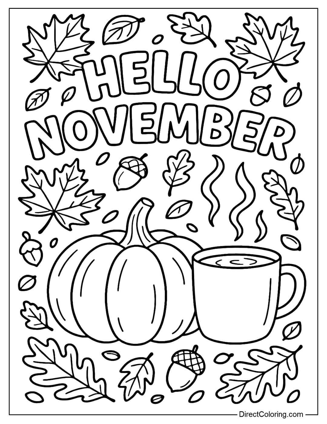Hello November Coloring Page, below is a cute big round pumpkin and a steaming cup of hot cocoa.