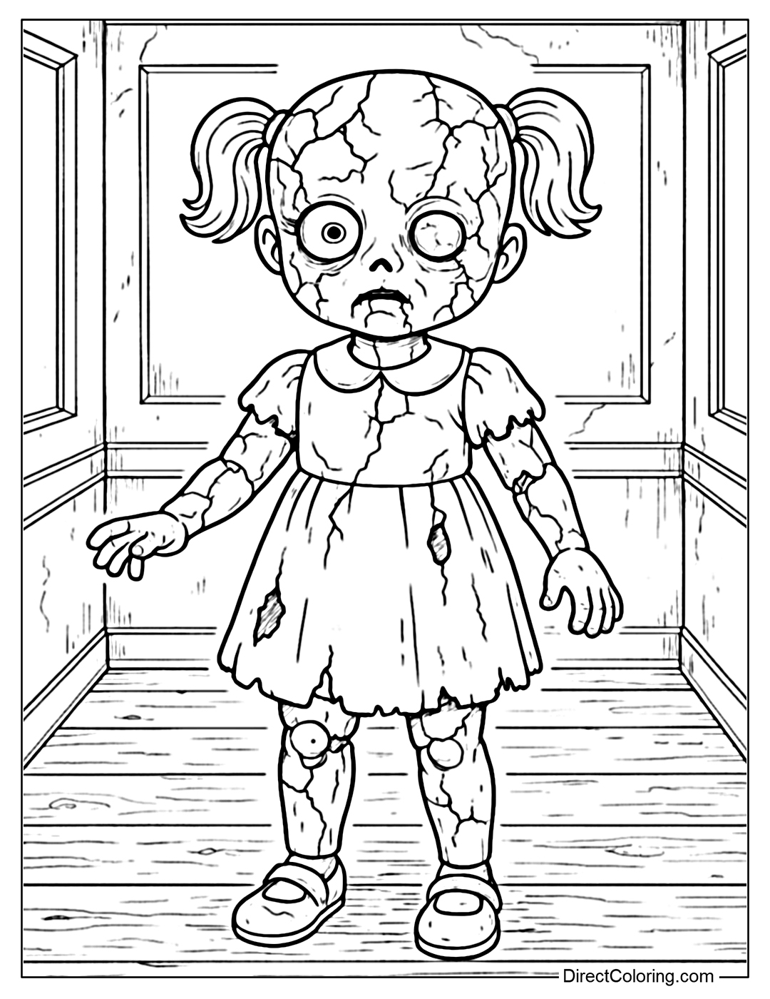 A zombie coloring page with an old, cracked doll, one eye falling out, standing in the middle of a dark room.