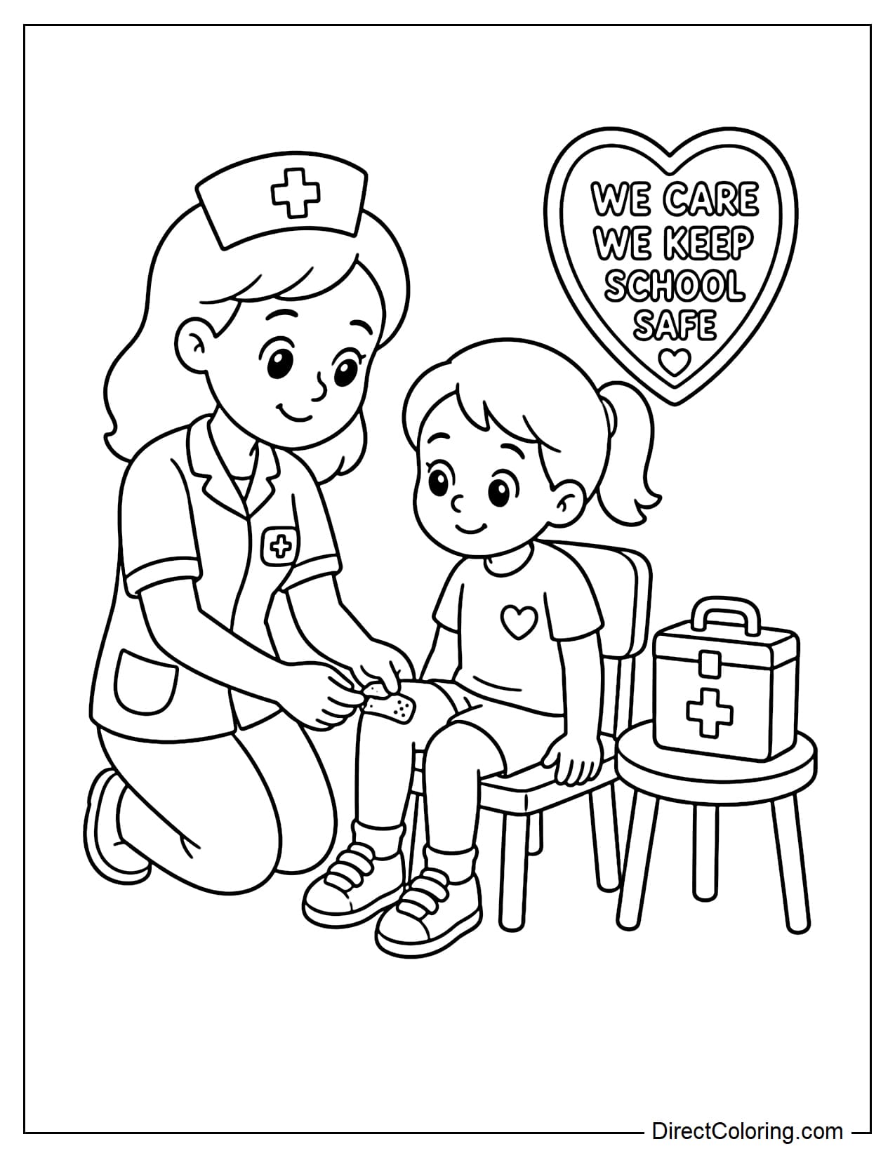 A school nurse is gently applying a bandage to a student's knee sitting in a chair. Next to her is a first-aid kit, a small table, and a heart-shaped board.