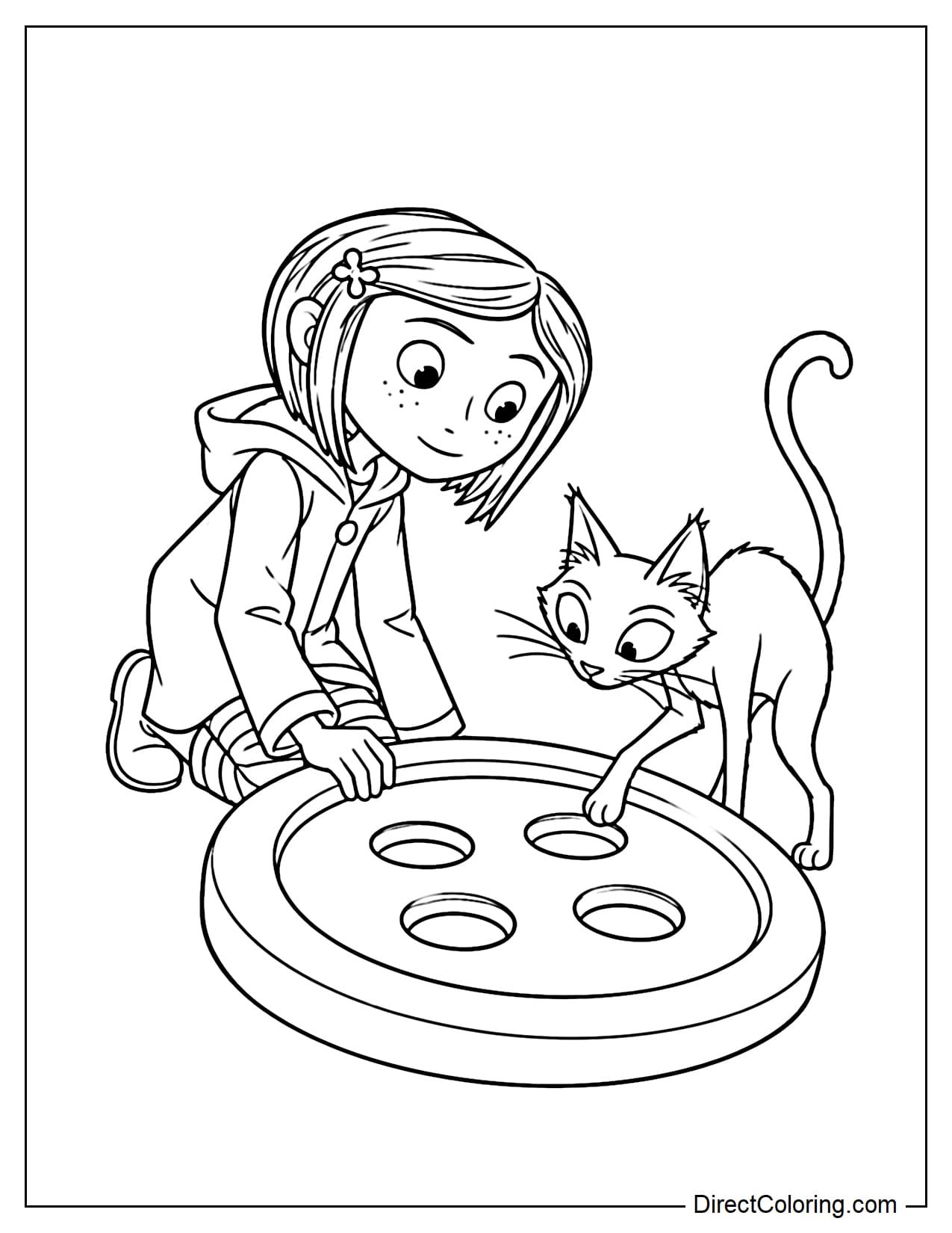 Coraline kneels beside a giant button on the ground and touches it with one hand, while the cat stands on the other side and reaches a paw toward one of its large holes.