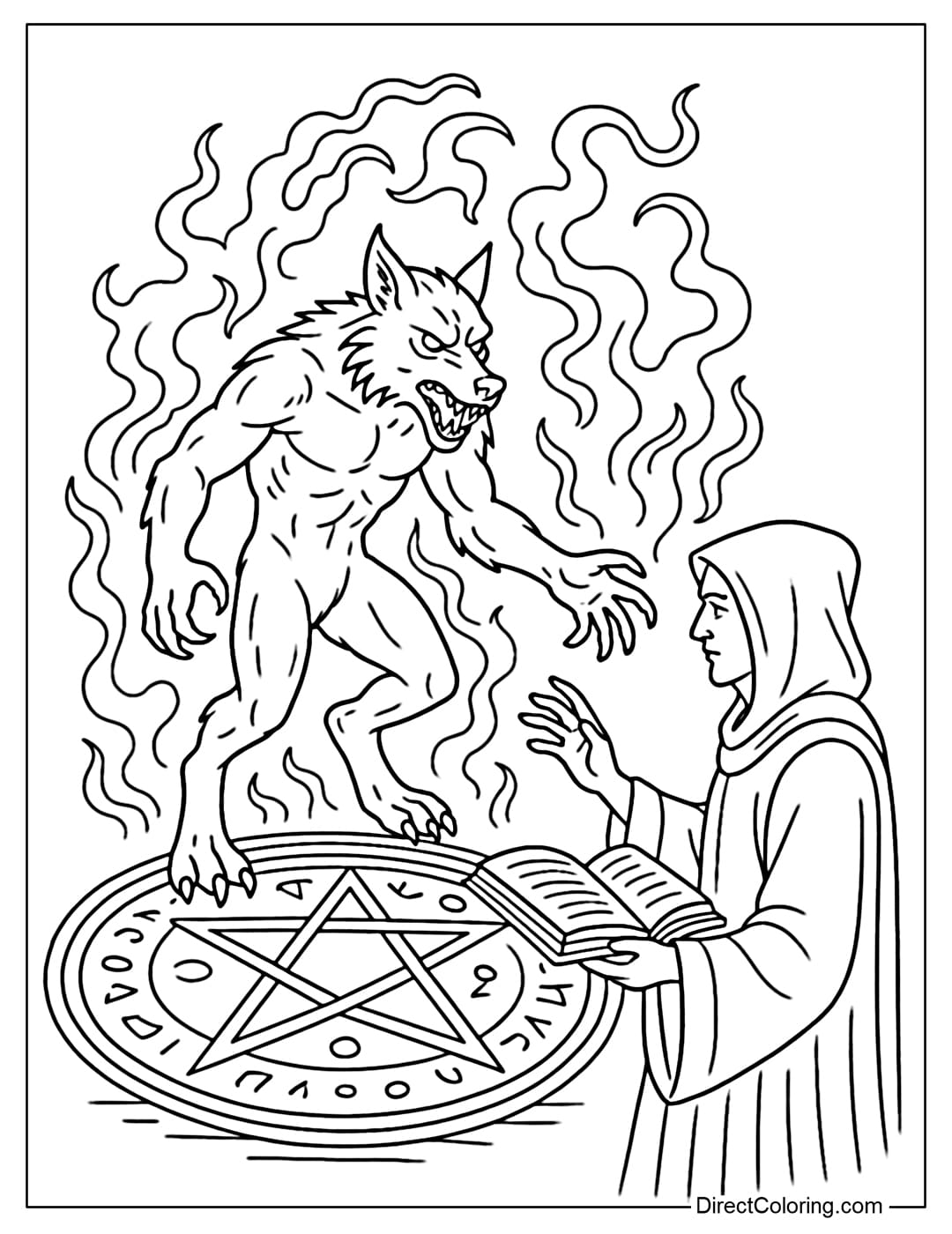 A werewolf summoning ritual coloring page, a burning magic circle, a witch chanting a spell, a werewolf appearing in the midst of black smoke.
